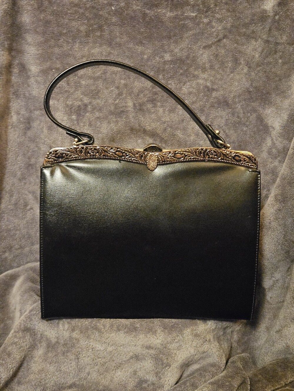 Vintage Triangle Black Top-Handle Bag with Silver Filigree Trim